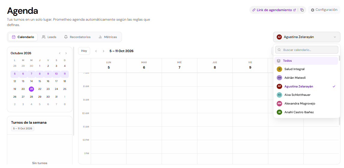 Agenda semanal con calendario, pestañas de leads, recordatorios y métricas, y selector de profesionales